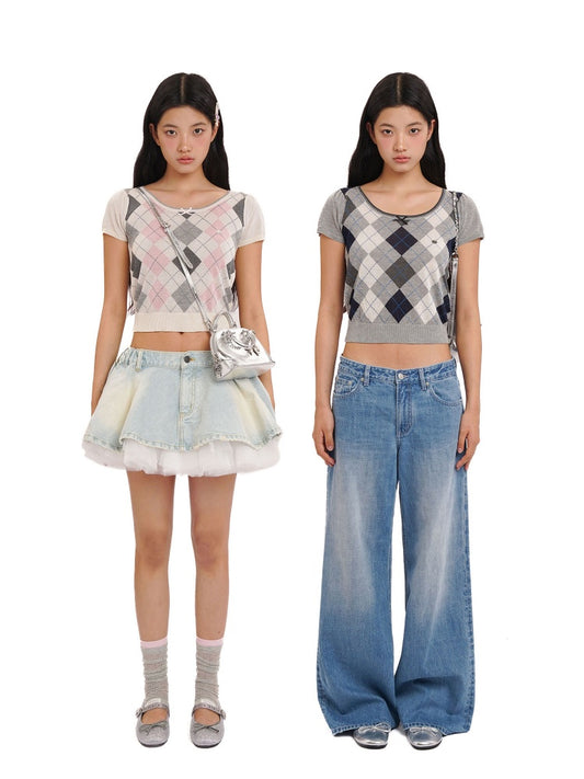 Contrast Wilted Argyle Ribbon Micro Puff Sleeve Knit Short Sleeve Tops【s0000012725】
