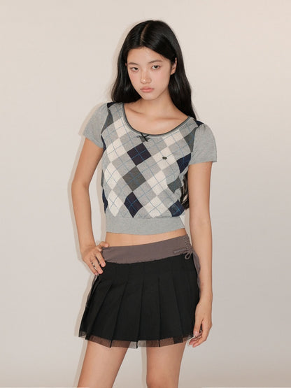 Contrast Wilted Argyle Ribbon Micro Puff Sleeve Knit Short Sleeve Tops【s0000012725】