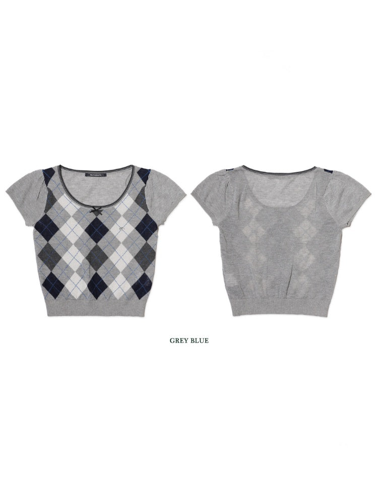 Contrast Wilted Argyle Ribbon Micro Puff Sleeve Knit Short Sleeve Tops【s0000012725】