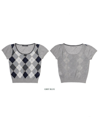 Contrast Wilted Argyle Ribbon Micro Puff Sleeve Knit Short Sleeve Tops【s0000012725】
