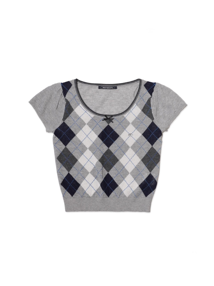 Contrast Wilted Argyle Ribbon Micro Puff Sleeve Knit Short Sleeve Tops【s0000012725】