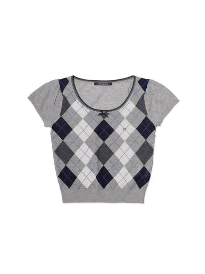 Contrast Wilted Argyle Ribbon Micro Puff Sleeve Knit Short Sleeve Tops【s0000012725】