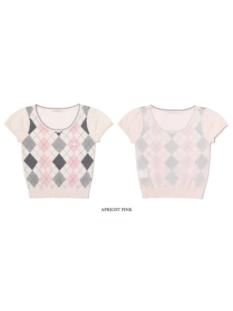 Contrast Wilted Argyle Ribbon Micro Puff Sleeve Knit Short Sleeve Tops【s0000012725】