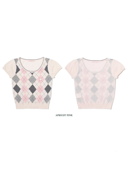 Contrast Wilted Argyle Ribbon Micro Puff Sleeve Knit Short Sleeve Tops【s0000012725】