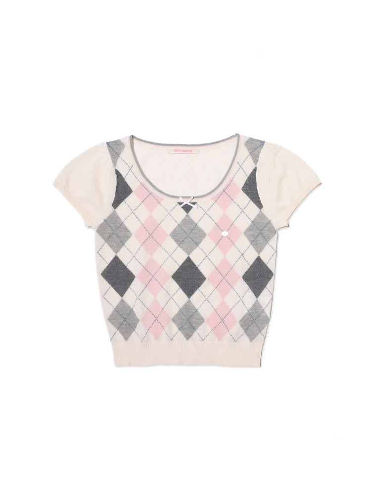 Contrast Wilted Argyle Ribbon Micro Puff Sleeve Knit Short Sleeve Tops【s0000012725】