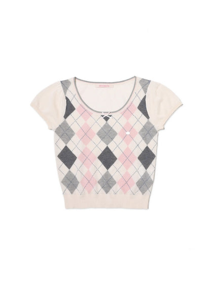 Contrast Wilted Argyle Ribbon Micro Puff Sleeve Knit Short Sleeve Tops【s0000012725】