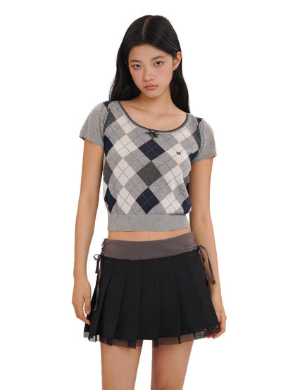Contrast Wilted Argyle Ribbon Micro Puff Sleeve Knit Short Sleeve Tops【s0000012725】