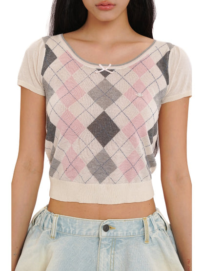 Contrast Wilted Argyle Ribbon Micro Puff Sleeve Knit Short Sleeve Tops【s0000012725】