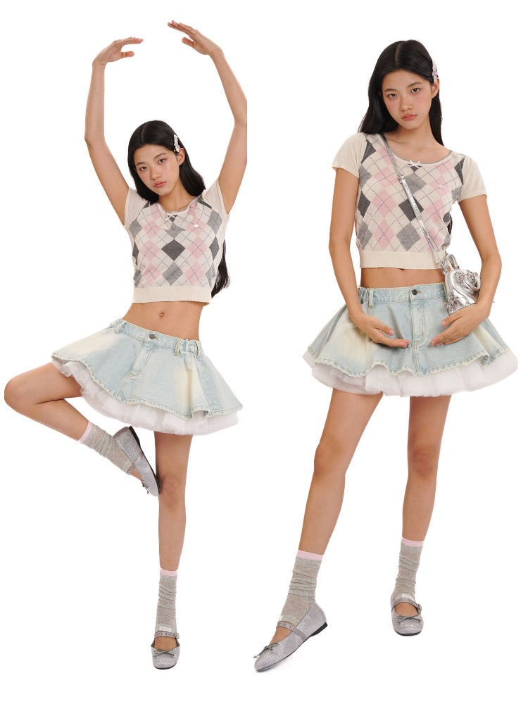 Contrast Wilted Argyle Ribbon Micro Puff Sleeve Knit Short Sleeve Tops【s0000012725】