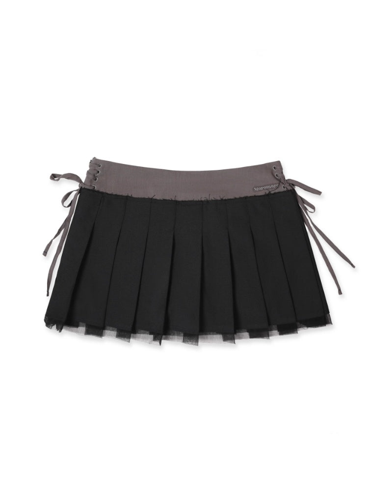 Side Lace-Up Embroidered Label Panel Layered Mesh Pleated Skirt Mini/Knee length【s0000012727】
