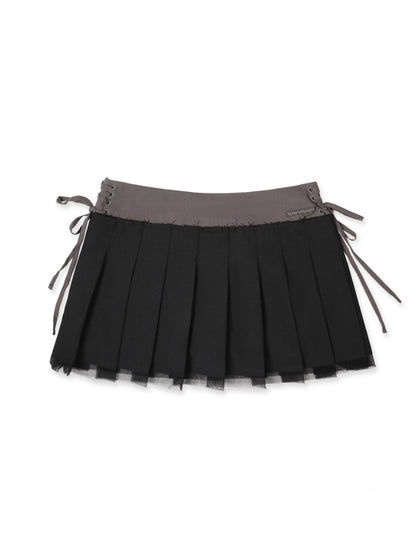 Side Lace-Up Embroidered Label Panel Layered Mesh Pleated Skirt Mini/Knee length【s0000012727】