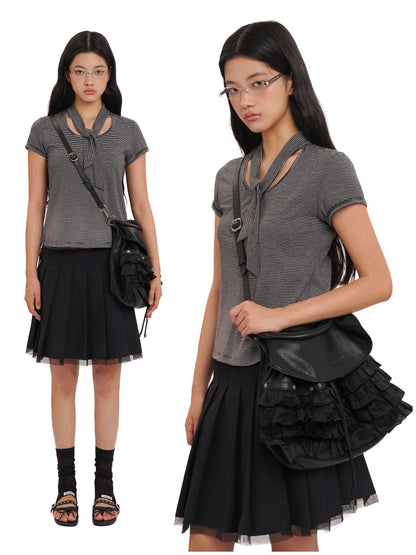 Side Lace-Up Embroidered Label Panel Layered Mesh Pleated Skirt Mini/Knee length【s0000012727】