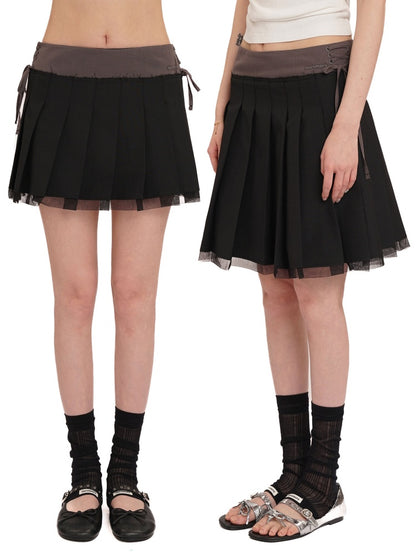 Side Lace-Up Embroidered Label Panel Layered Mesh Pleated Skirt Mini/Knee length【s0000012727】