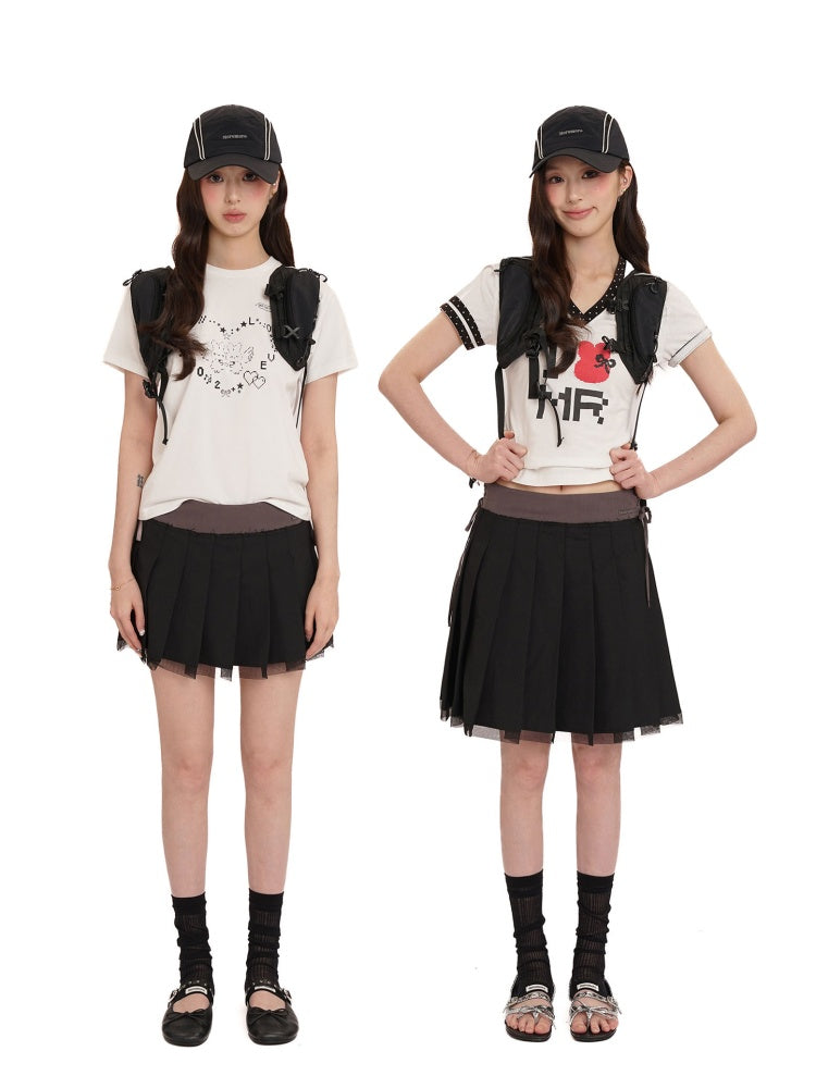 Side Lace-Up Embroidered Label Panel Layered Mesh Pleated Skirt Mini/Knee length【s0000012727】