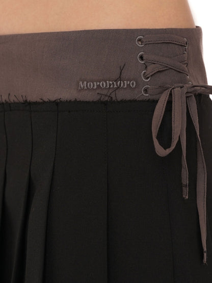 Side Lace-Up Embroidered Label Panel Layered Mesh Pleated Skirt Mini/Knee length【s0000012727】