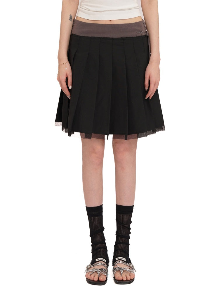 Side Lace-Up Embroidered Label Panel Layered Mesh Pleated Skirt Mini/Knee length【s0000012727】