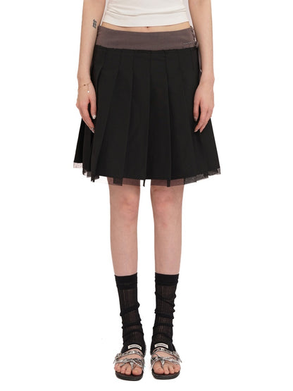 Side Lace-Up Embroidered Label Panel Layered Mesh Pleated Skirt Mini/Knee length【s0000012727】