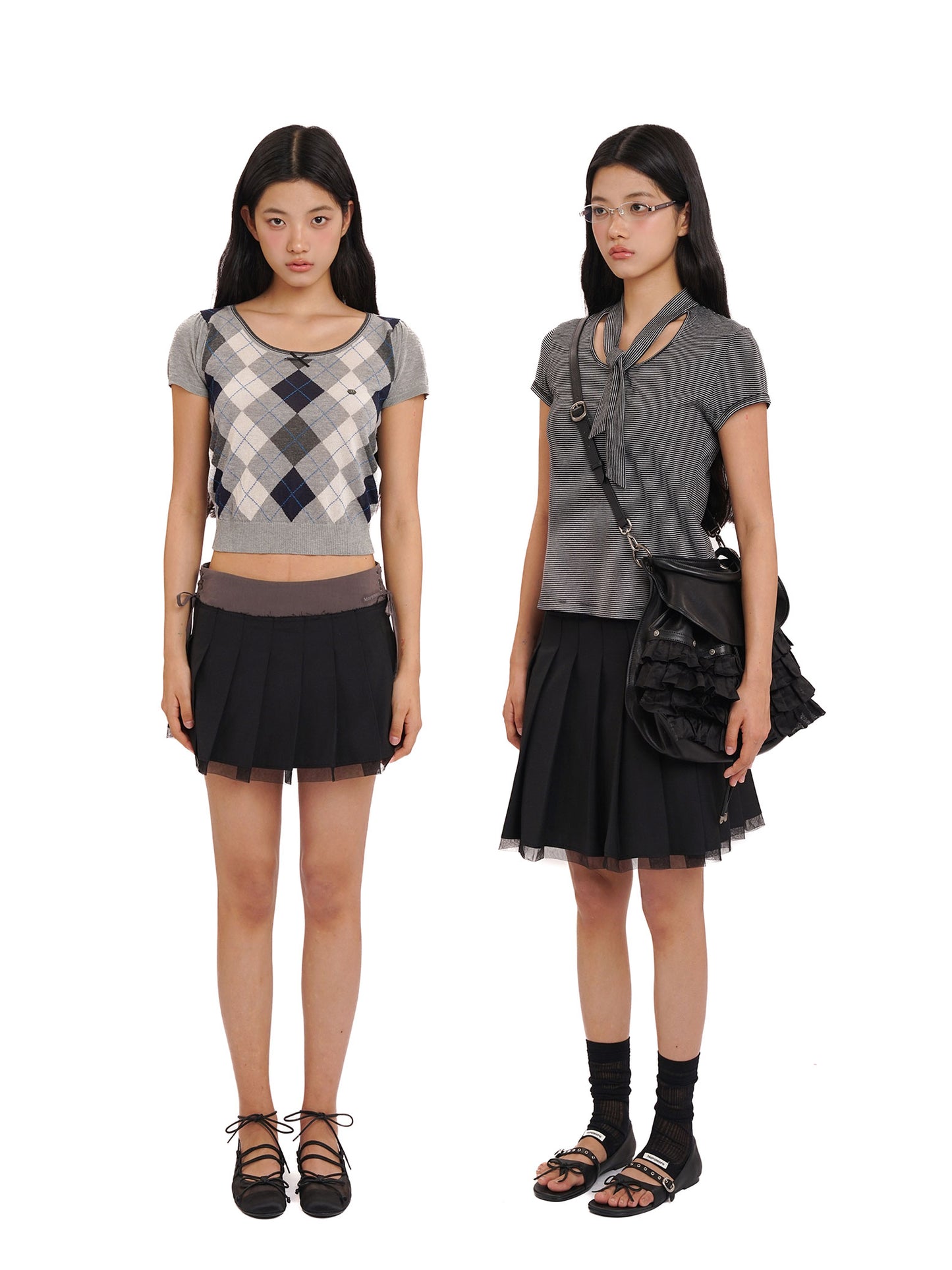 Side Lace-Up Embroidered Label Panel Layered Mesh Pleated Skirt Mini/Knee length【s0000012727】