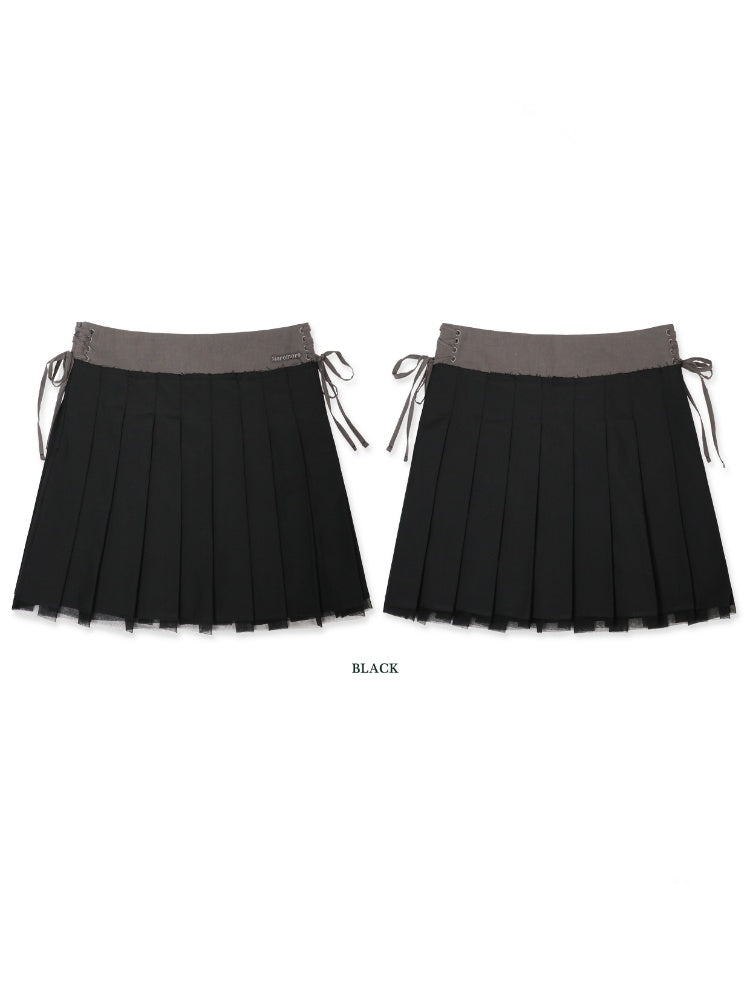 Side Lace-Up Embroidered Label Panel Layered Mesh Pleated Skirt Mini/Knee length【s0000012727】