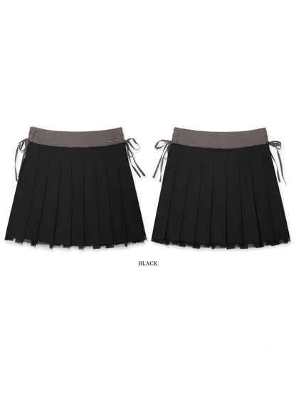Side Lace-Up Embroidered Label Panel Layered Mesh Pleated Skirt Mini/Knee length【s0000012727】