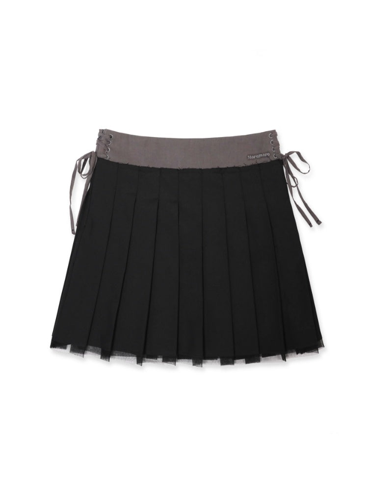 Side Lace-Up Embroidered Label Panel Layered Mesh Pleated Skirt Mini/Knee length【s0000012727】