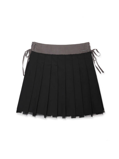 Side Lace-Up Embroidered Label Panel Layered Mesh Pleated Skirt Mini/Knee length【s0000012727】