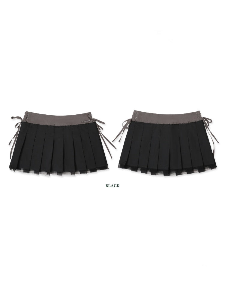 Side Lace-Up Embroidered Label Panel Layered Mesh Pleated Skirt Mini/Knee length【s0000012727】