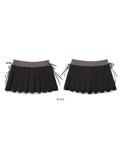Side Lace-Up Embroidered Label Panel Layered Mesh Pleated Skirt Mini/Knee length【s0000012727】