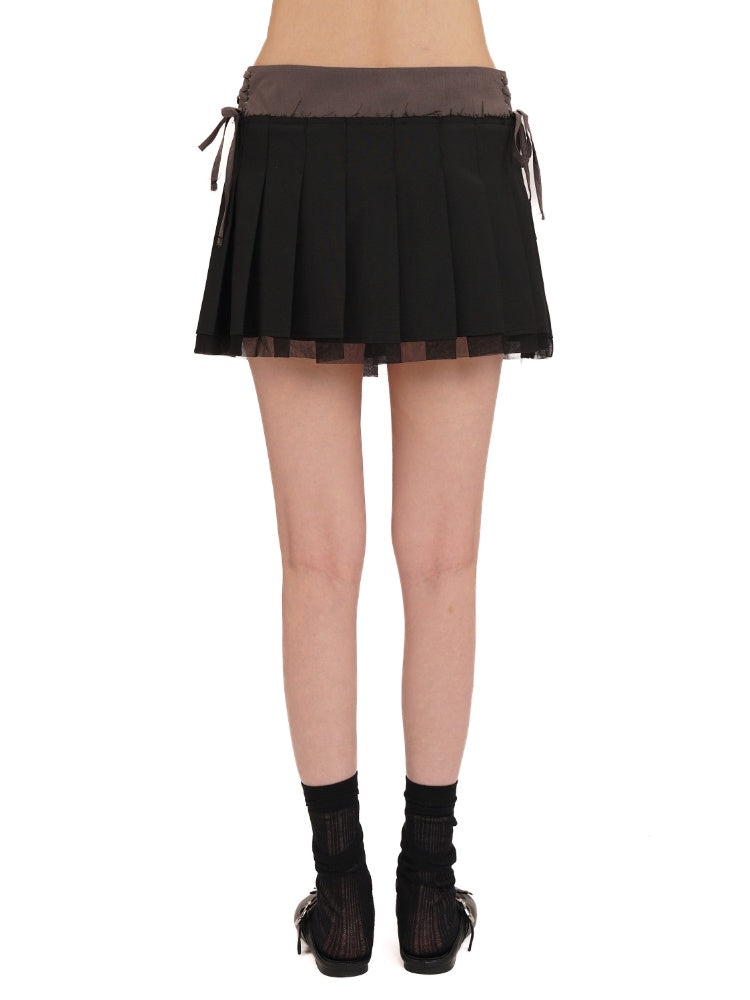 Side Lace-Up Embroidered Label Panel Layered Mesh Pleated Skirt Mini/Knee length【s0000012727】