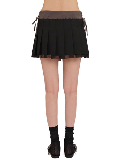 Side Lace-Up Embroidered Label Panel Layered Mesh Pleated Skirt Mini/Knee length【s0000012727】