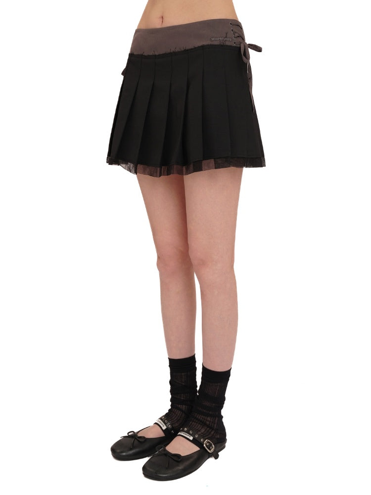 Side Lace-Up Embroidered Label Panel Layered Mesh Pleated Skirt Mini/Knee length【s0000012727】