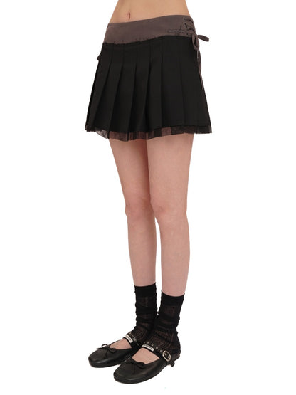 Side Lace-Up Embroidered Label Panel Layered Mesh Pleated Skirt Mini/Knee length【s0000012727】
