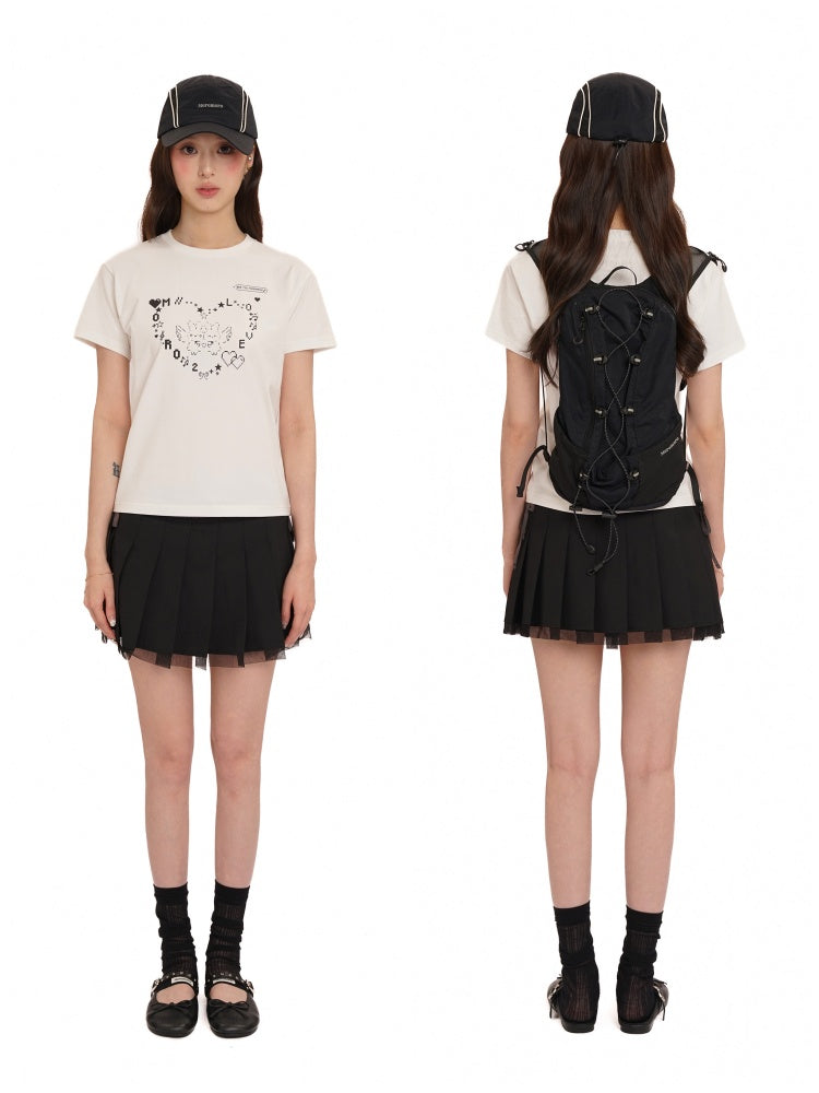 Side Lace-Up Embroidered Label Panel Layered Mesh Pleated Skirt Mini/Knee length【s0000012727】