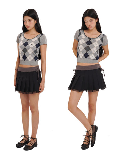 Side Lace-Up Embroidered Label Panel Layered Mesh Pleated Skirt Mini/Knee length【s0000012727】