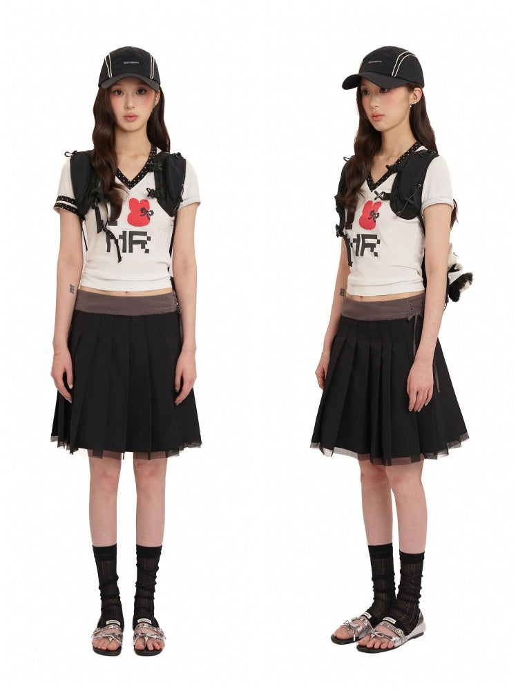 Side Lace-Up Embroidered Label Panel Layered Mesh Pleated Skirt Mini/Knee length【s0000012727】