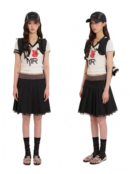 Side Lace-Up Embroidered Label Panel Layered Mesh Pleated Skirt Mini/Knee length【s0000012727】