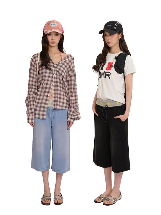 Star Ribbed Vintage Distressed Gradient Spray Powder Worn High Waist Loose Casual Pants【s0000012728】