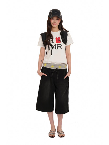 Star Ribbed Vintage Distressed Gradient Spray Powder Worn High Waist Loose Casual Pants【s0000012728】