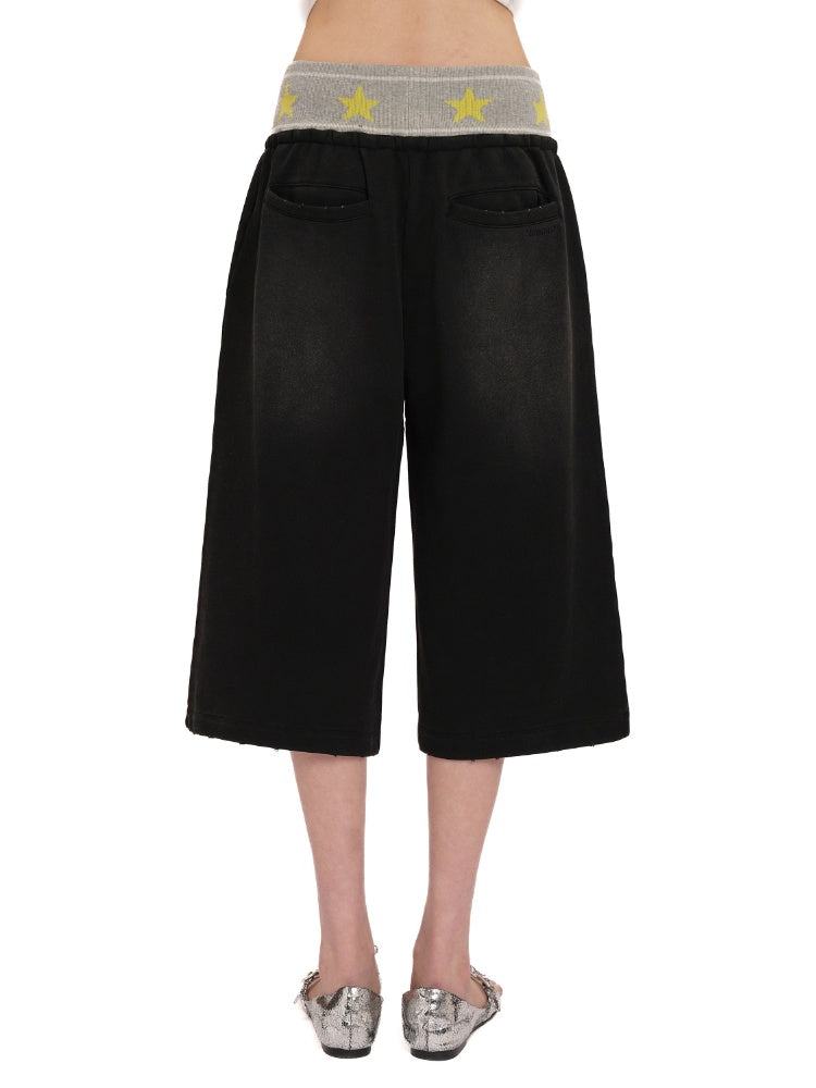 Star Ribbed Vintage Distressed Gradient Spray Powder Worn High Waist Loose Casual Pants【s0000012728】