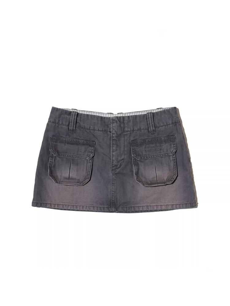 Vintage Wash Faded Distressed Cargo Pocket Inner Plaid Mini Skirt【s0000012729】