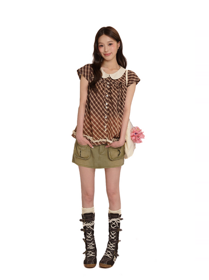 Vintage Wash Faded Distressed Cargo Pocket Inner Plaid Mini Skirt【s0000012729】