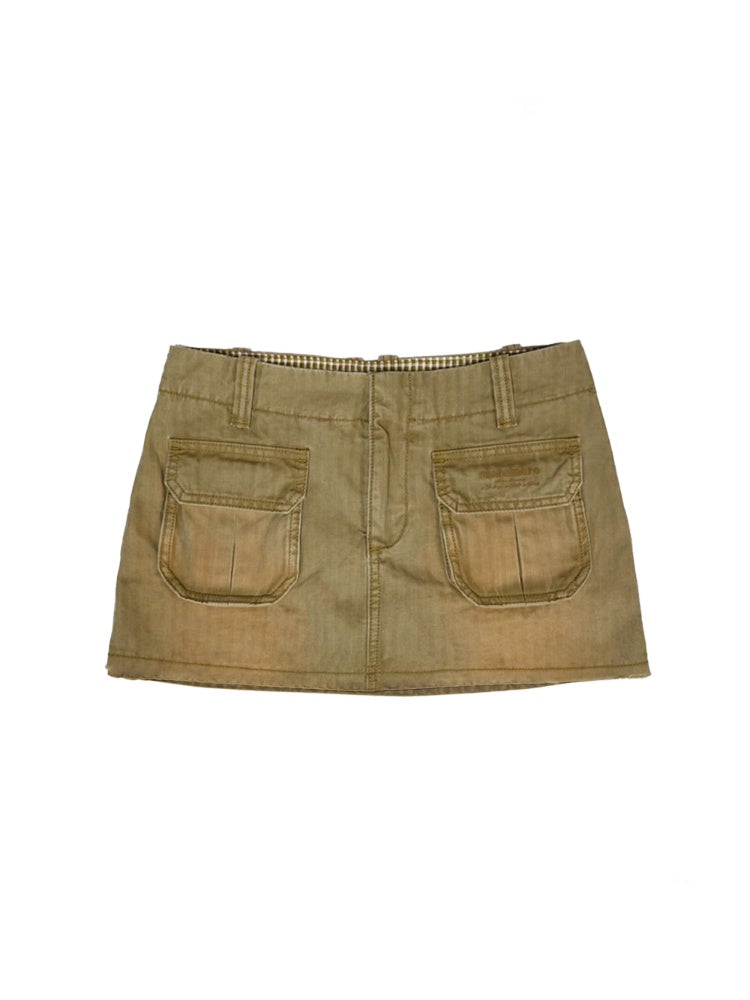 Vintage Wash Faded Distressed Cargo Pocket Inner Plaid Mini Skirt【s0000012729】