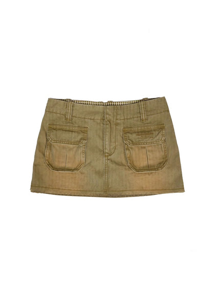 Vintage Wash Faded Distressed Cargo Pocket Inner Plaid Mini Skirt【s0000012729】
