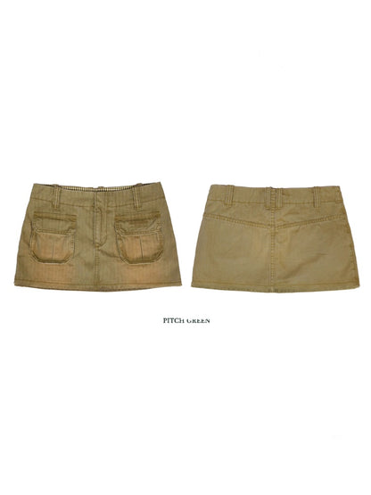 Vintage Wash Faded Distressed Cargo Pocket Inner Plaid Mini Skirt【s0000012729】