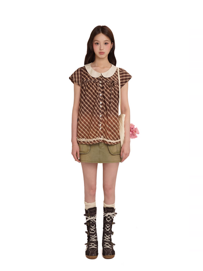 Vintage Wash Faded Distressed Cargo Pocket Inner Plaid Mini Skirt【s0000012729】