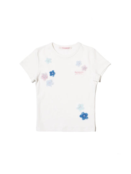 Hand Beaded Irregular Flowers Slim Fit Short Sleeve T-Shirt【s0000012730】