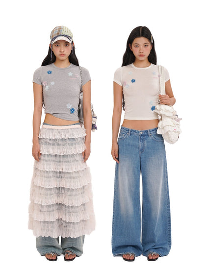 Hand Beaded Irregular Flowers Slim Fit Short Sleeve T-Shirt【s0000012730】