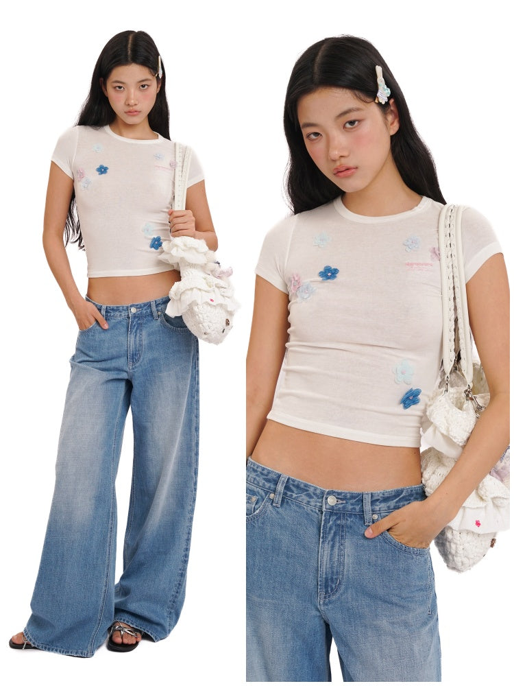 Hand Beaded Irregular Flowers Slim Fit Short Sleeve T-Shirt【s0000012730】