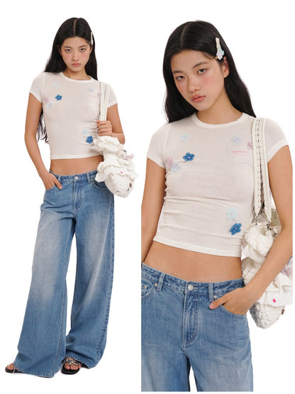 Hand Beaded Irregular Flowers Slim Fit Short Sleeve T-Shirt【s0000012730】