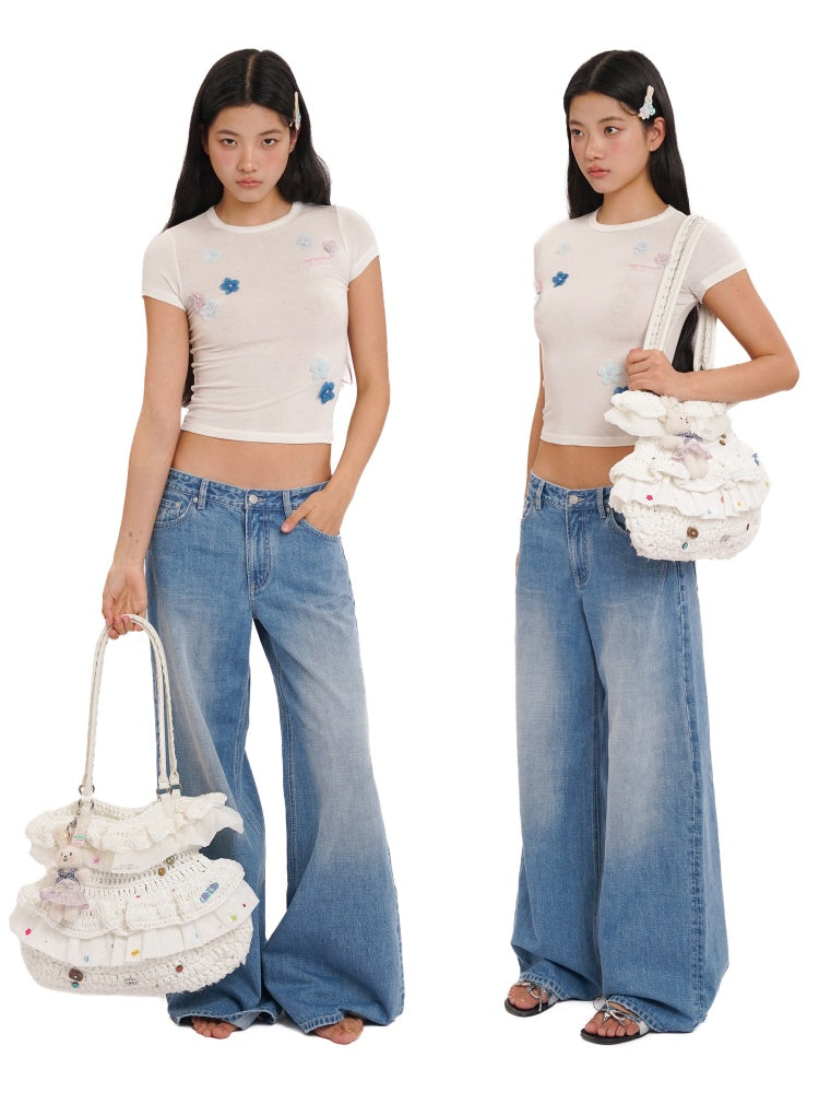 Hand Beaded Irregular Flowers Slim Fit Short Sleeve T-Shirt【s0000012730】